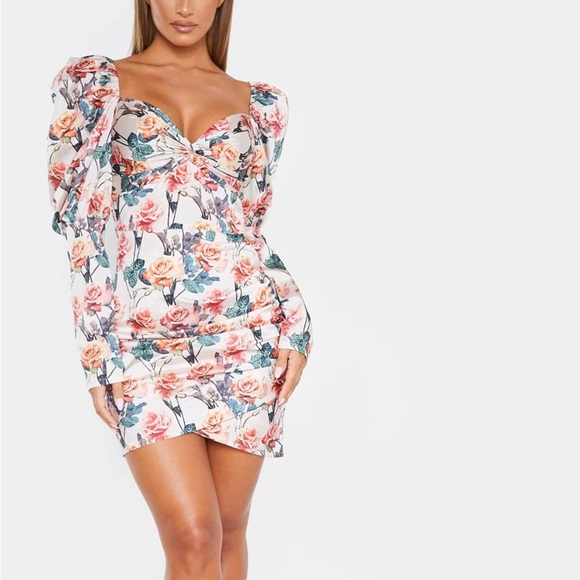 Nude Rose Print Puff Sleeve Twist Detail Bodycon Dress Pretty Little Thing - Picture 3 of 6